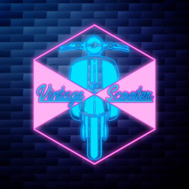 Neon tabela tuğla duvar arka plan üzerinde parlayan vintage scooter amblemi