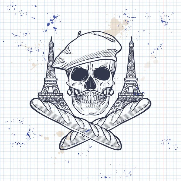 法国头骨与贝雷帽 埃菲尔铁塔和胡子在笔记本页面上 — 图库矢量图片