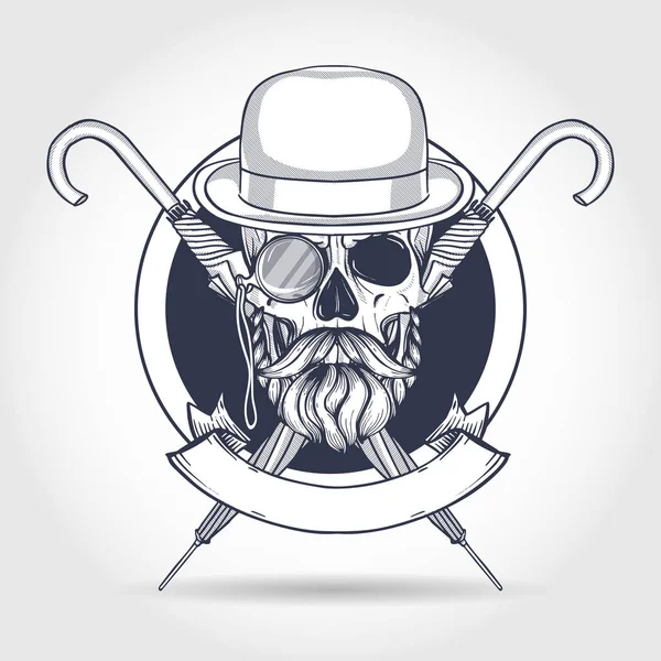 Sketch British Skull Hat Bowler Mustaches Rimless Eyeglasses Pocket Watch Royalty Free Stock Vectors