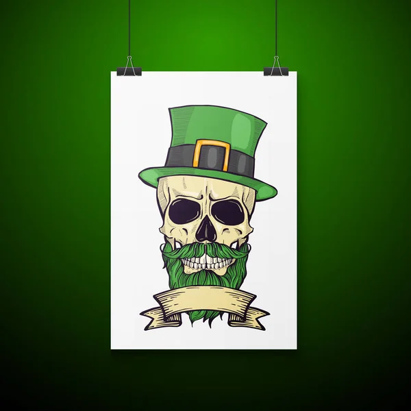 Color handdrawn angry skull of leprechaun — Stock Vector