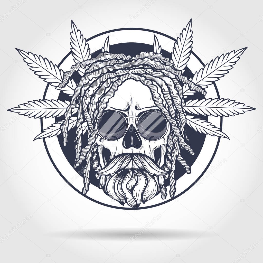 Sketch, skull with dreadlocks, round sunglasses, hemp leaf and beard and mustaches