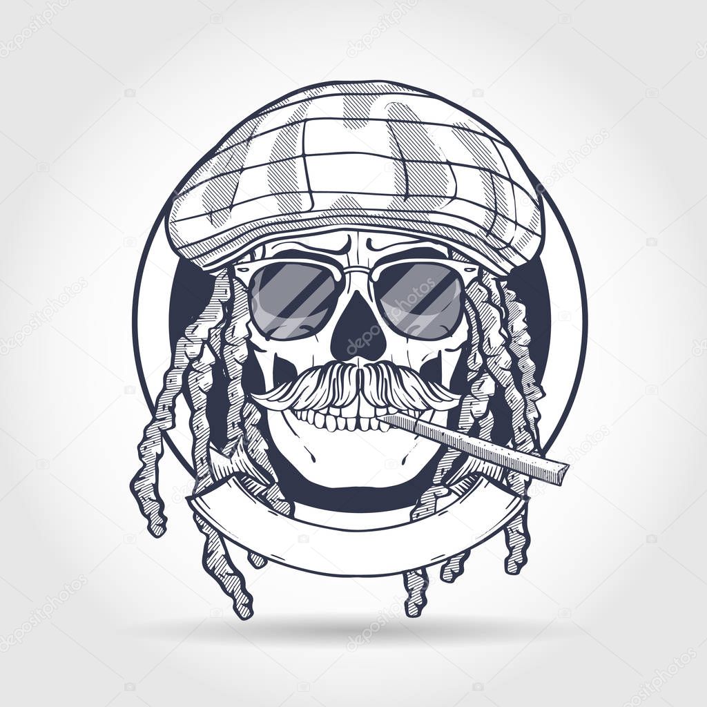 Sketch, skull with dreadlocks, rastaman hat, cigarette, mustaches and sunglasses