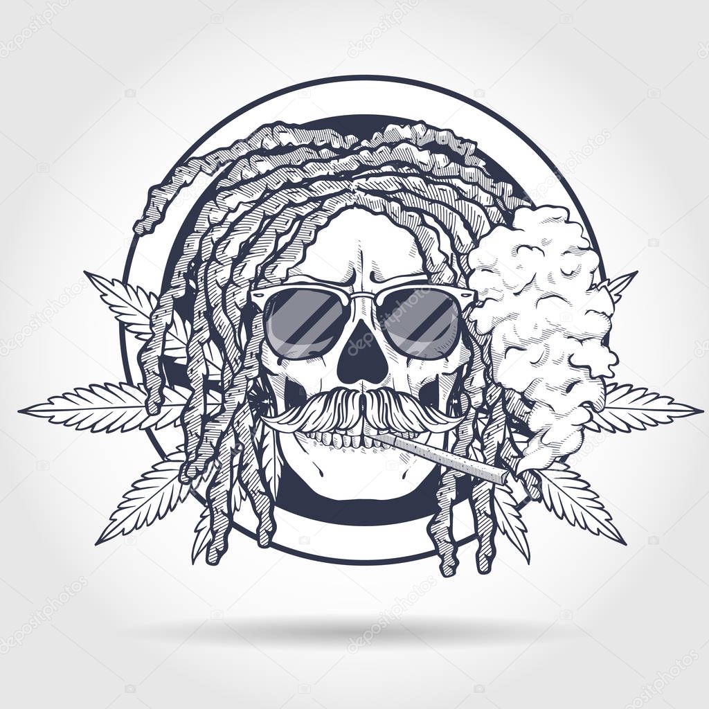 Sketch, skull with dreadlocks, cigarette, mustaches, hemp leaf and sunglasses