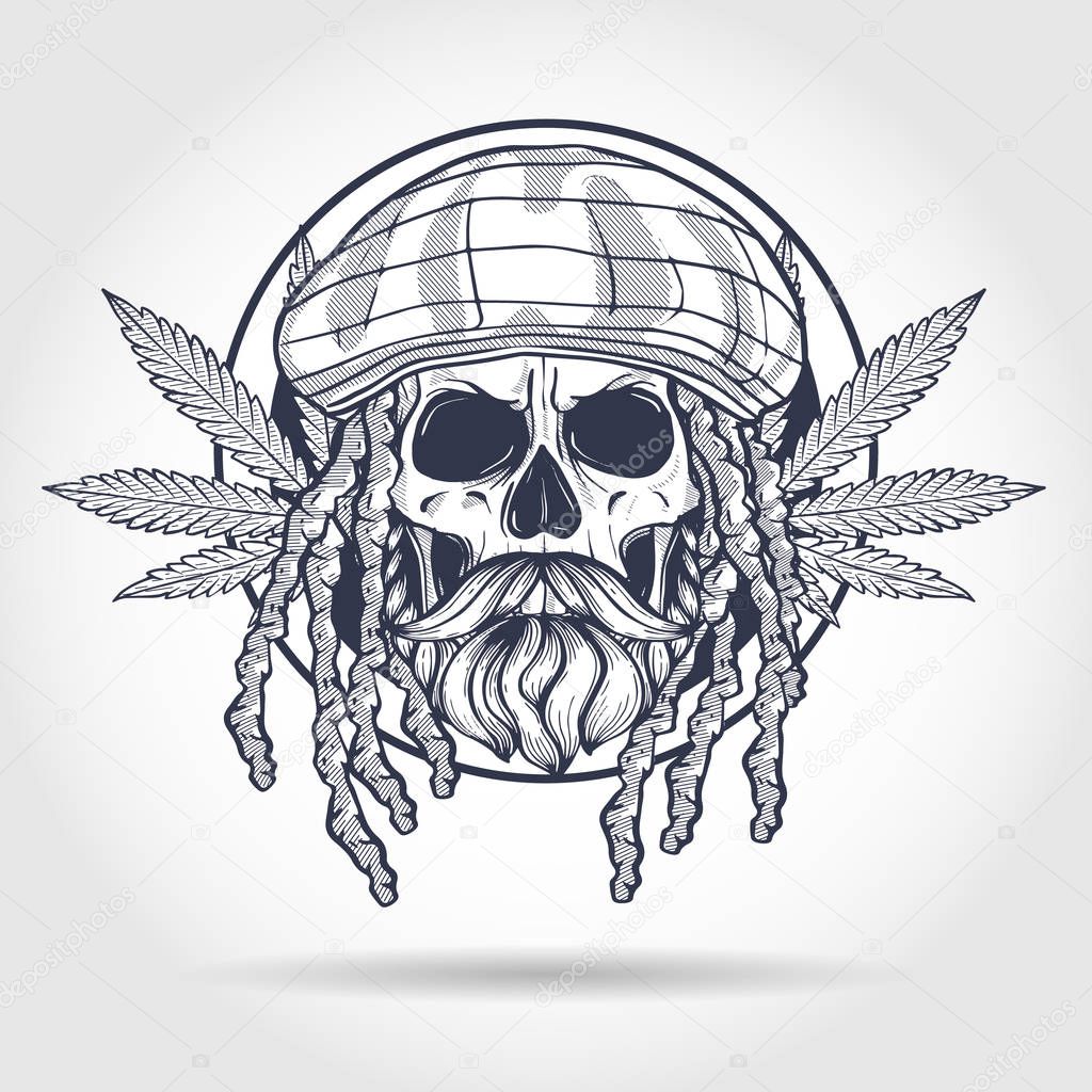 Sketch, skull with dreadlocks, rastaman hat, beard and mustaches and hemp leaf