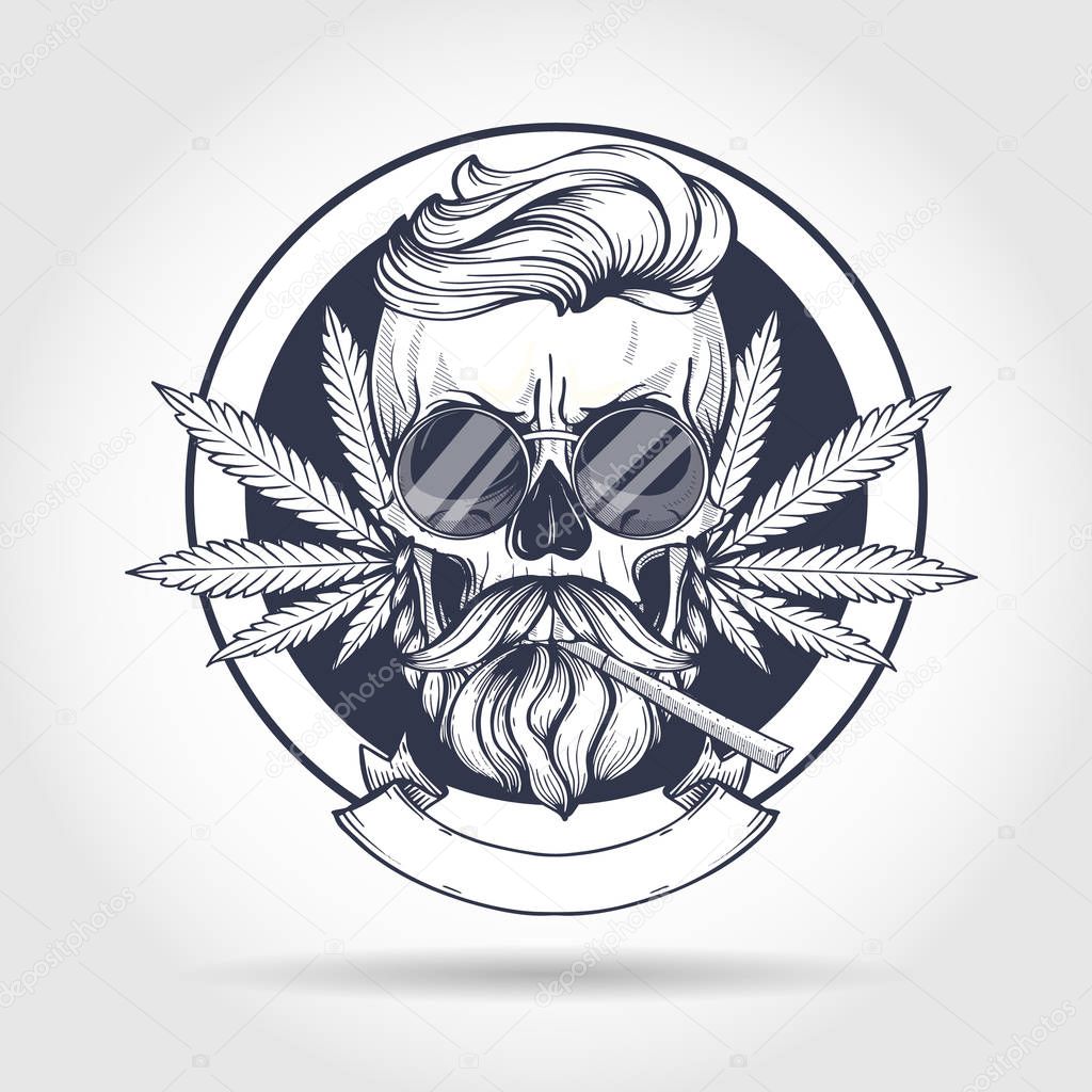 Sketch, skull with beard and mustaches, cigarette, hemp leaf and sunglasses