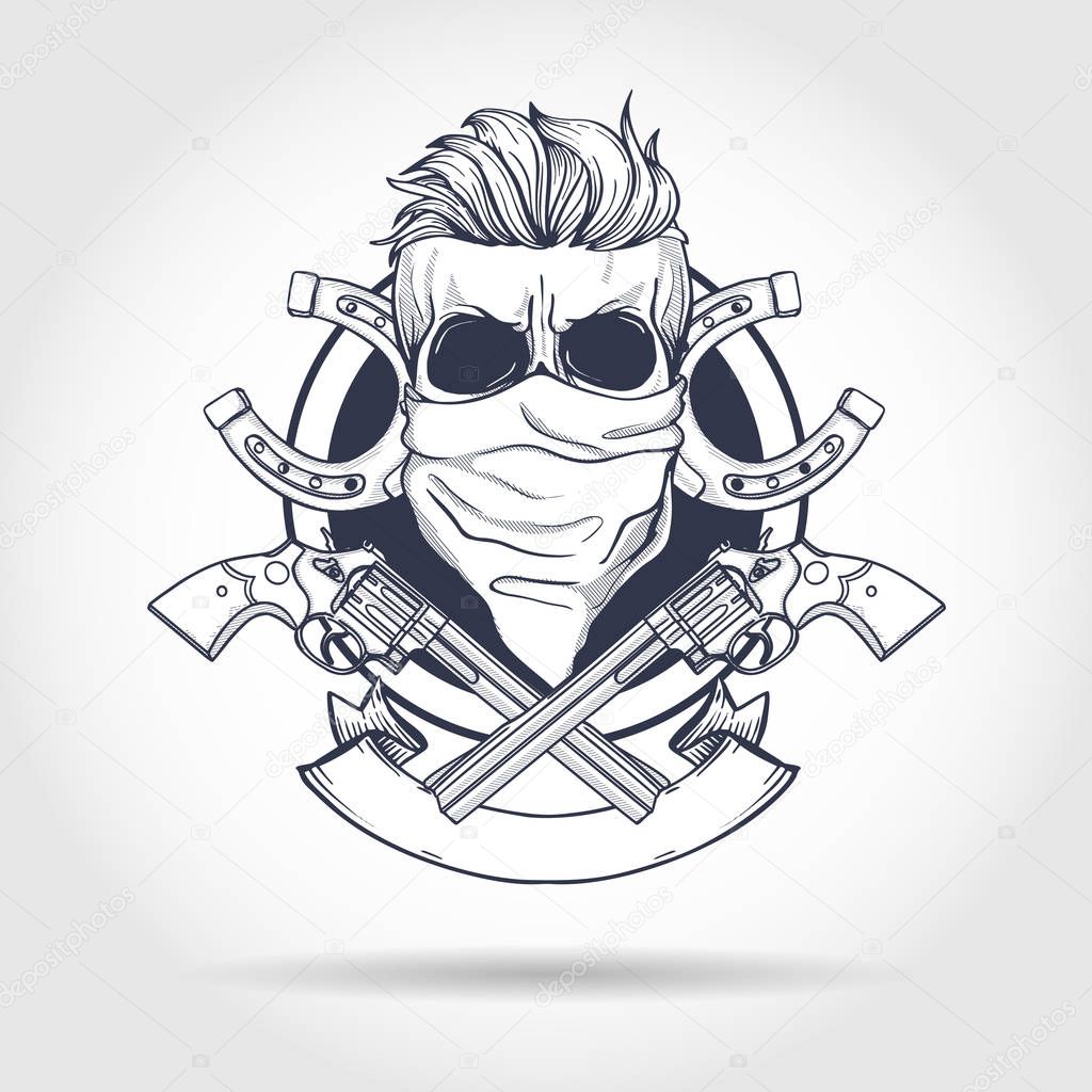 Sketch, skull with horseshoe, revolver, headscarf face mask
