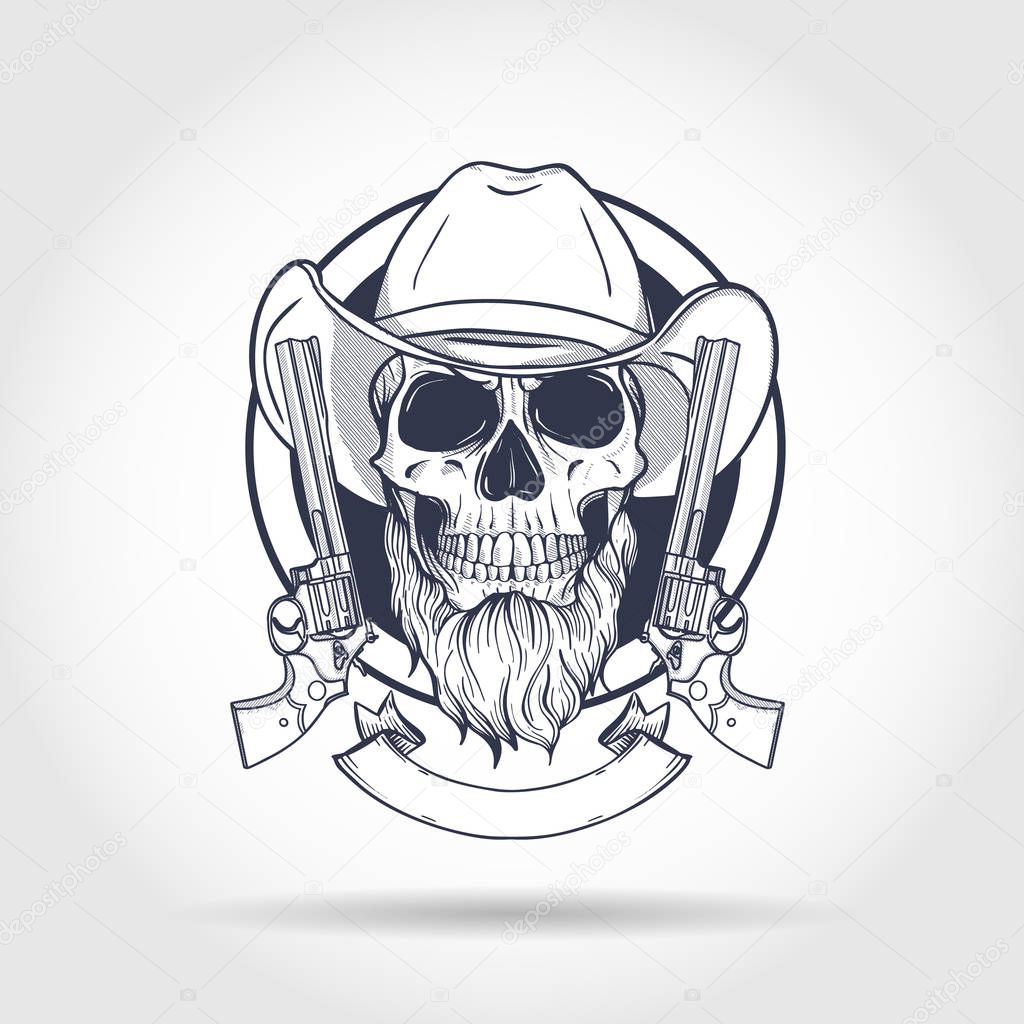 Sketch, skull with cowboy hat, revolver and beard