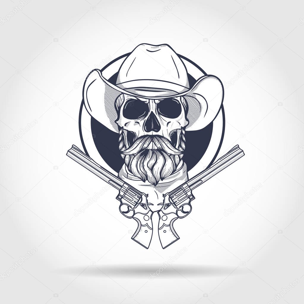 Sketch, skull with cowboy hat, neck scarf, revolver, beard and mustaches