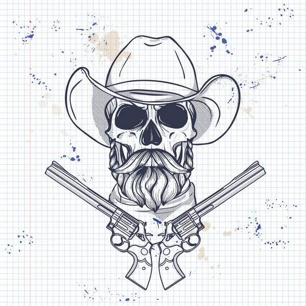 Schets, schedel met Cowboy — Stockvector