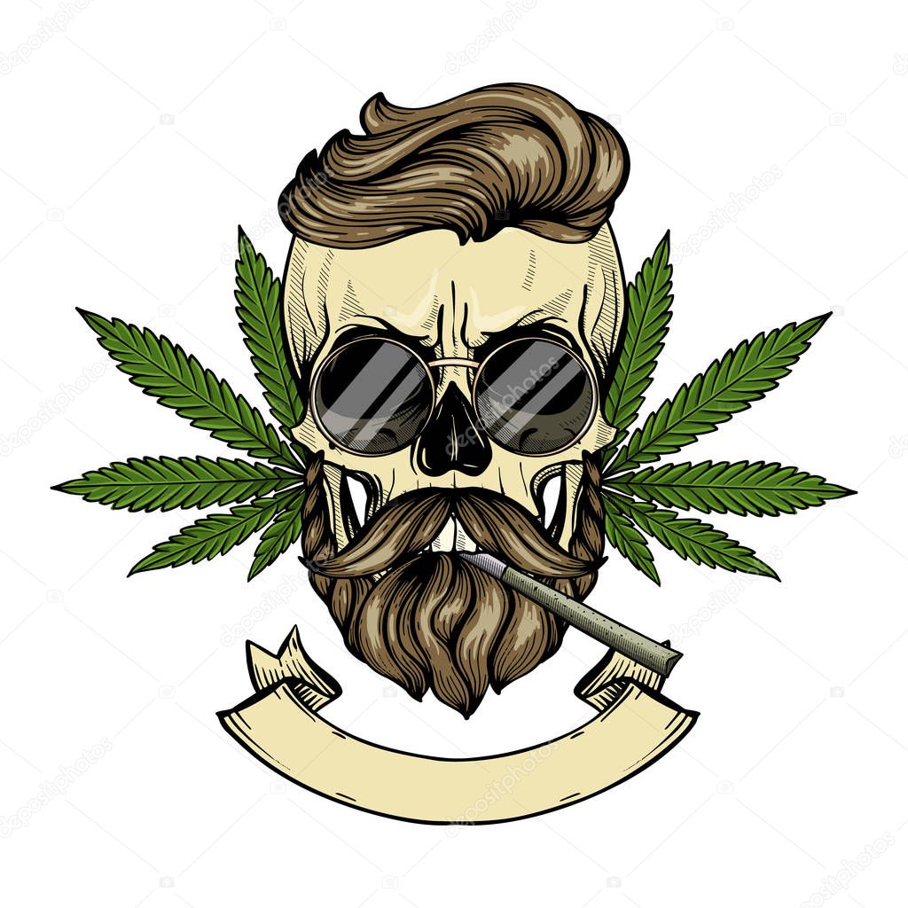 Hand drawn sketch, color skull with beard and mustaches, cigarette, hemp leaf