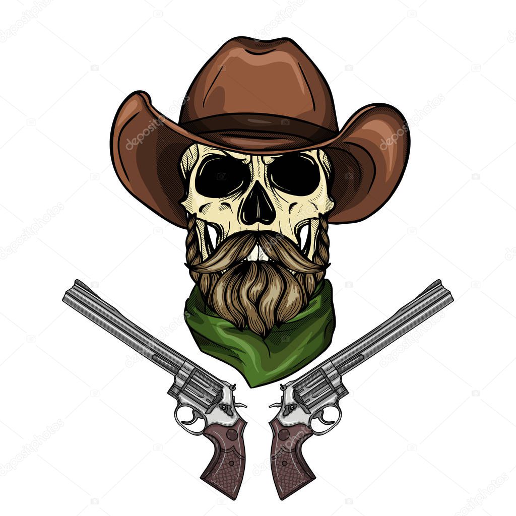Hand drawn sketch, color skull with cowboy hat, neck scarf, revolver, beard and mustaches