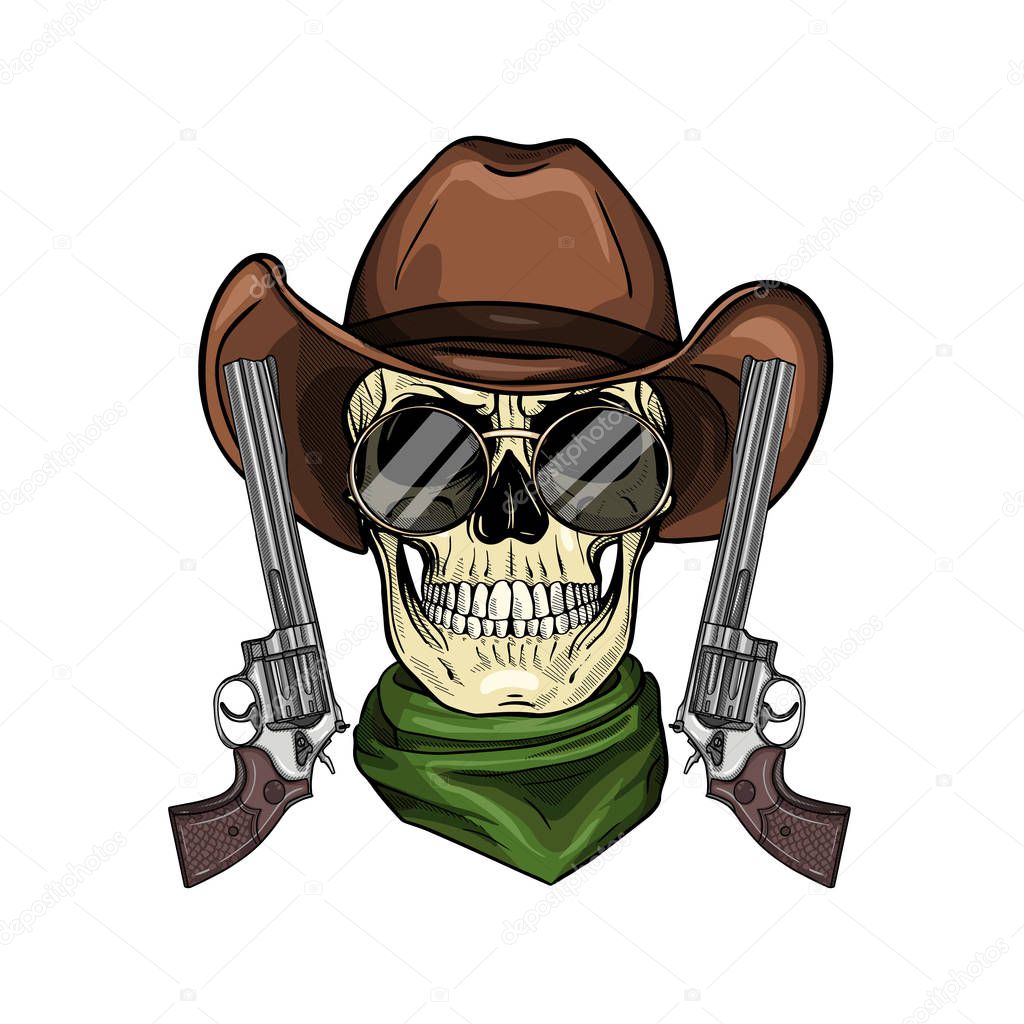 Hand drawn sketch, color skull with cowboy hat, neck scarf, revolver and glasses