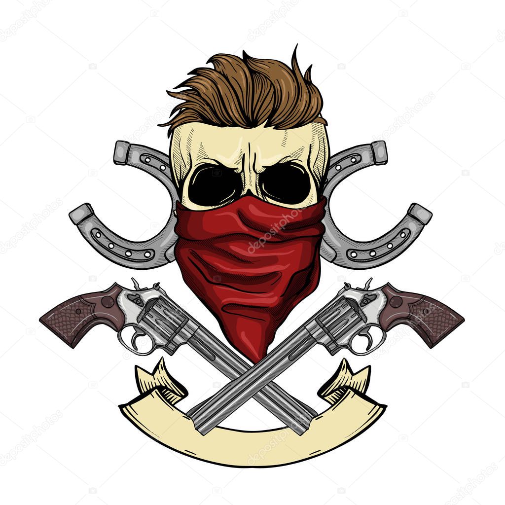 Hand drawn sketch, color skull with horseshoe, revolver, headscarf face mask