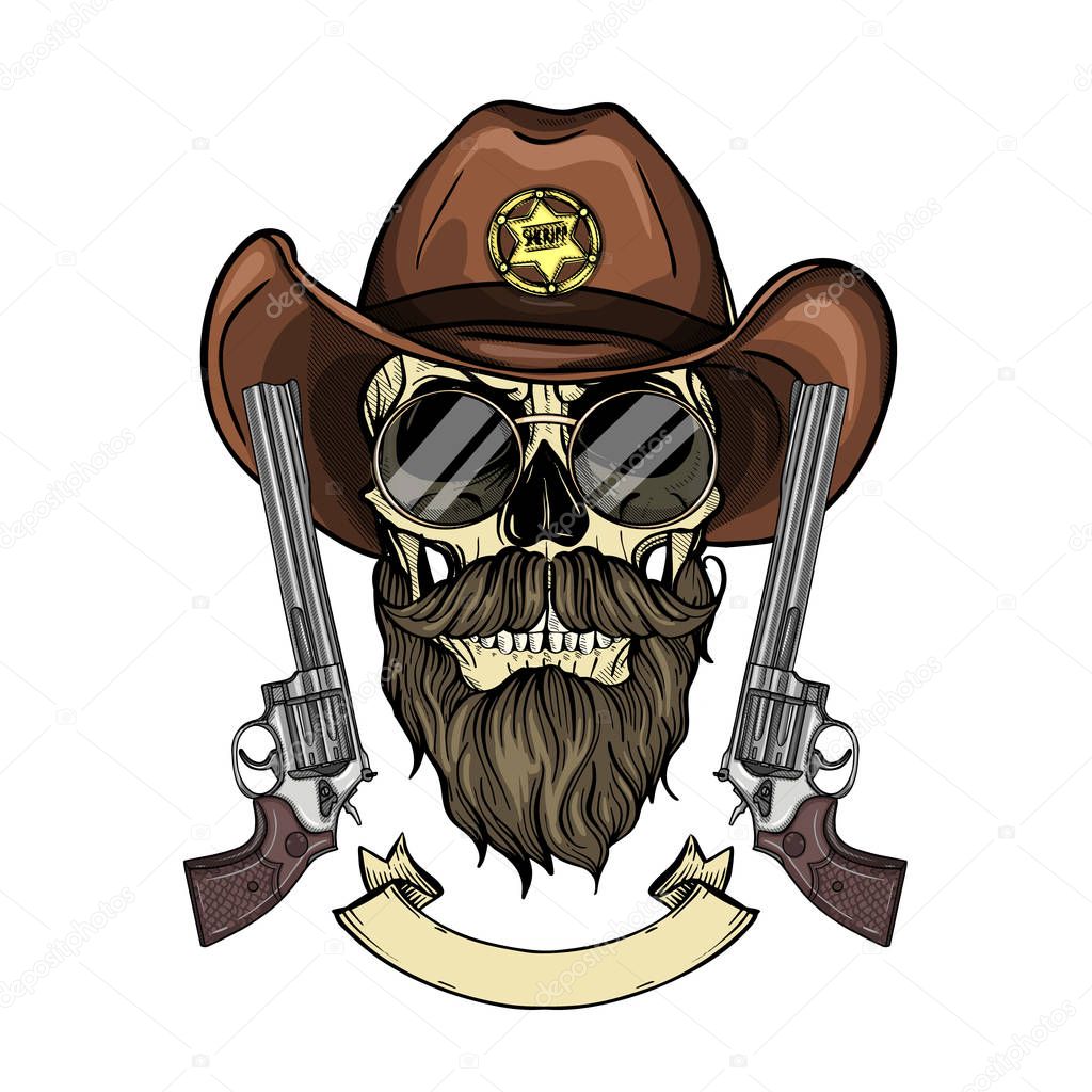 Hand drawn sketch, color skull with cowboy hat, sheriffs badge, revolver, beard and mustaches and glasses