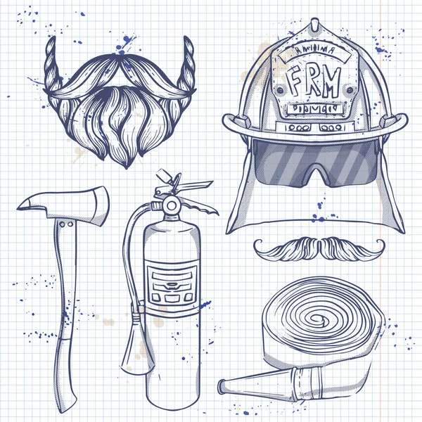 Schets brandweerman attributen — Stockvector