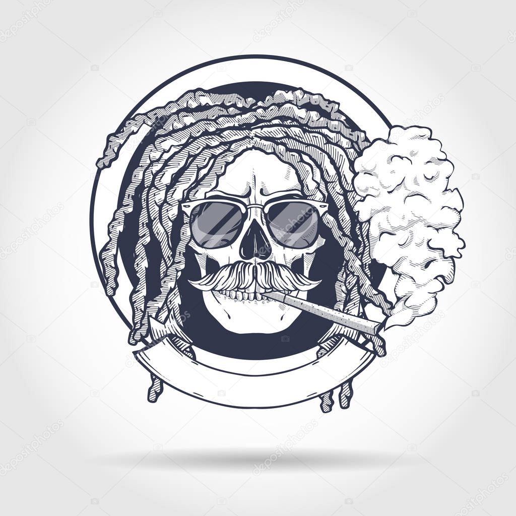 Sketch, skull with dreadlocks, round sunglasses, cigarette and mustaches