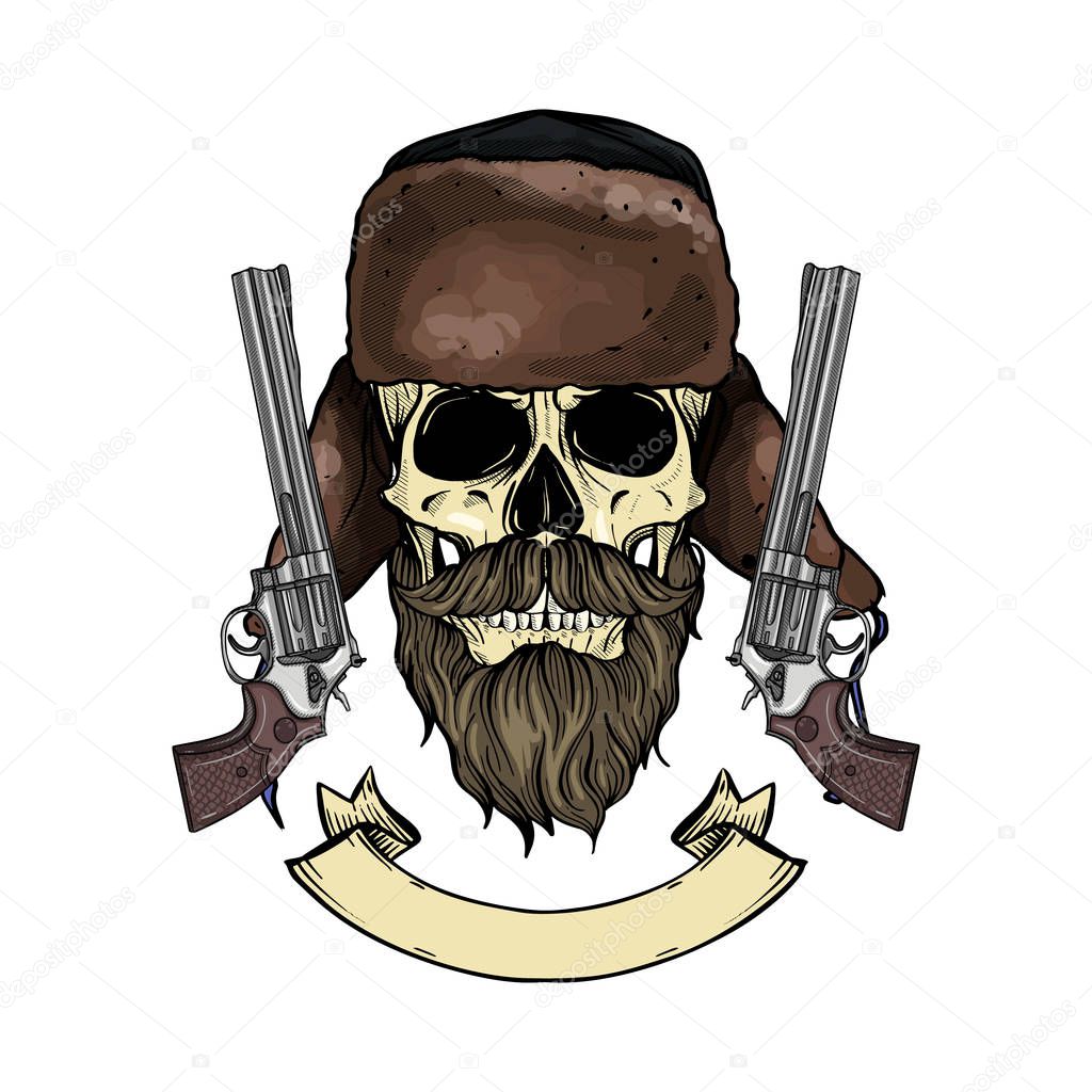 Hand drawn sketch, color skull with beard and mustaches, hat with ear flaps, guns and ribbon for text
