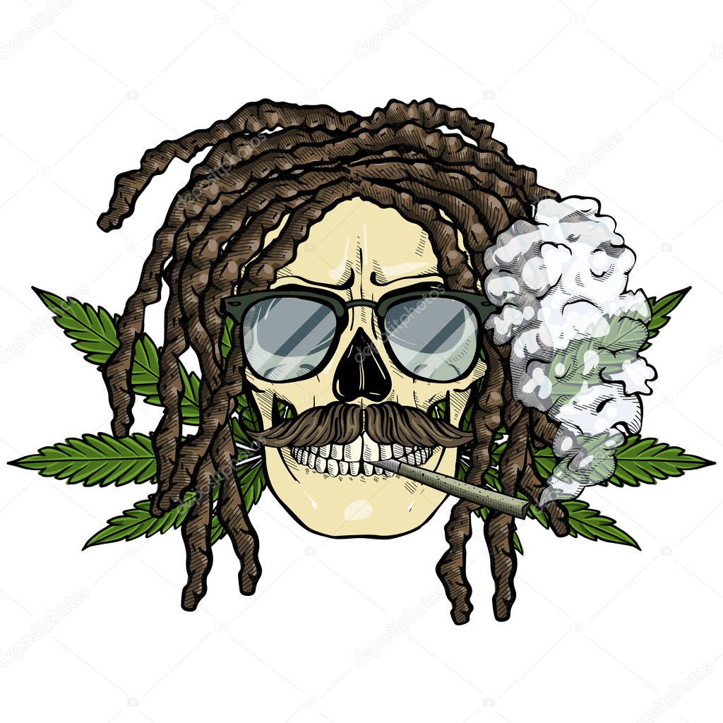 Hand drawn sketch, color skull with dreadlocks, cigarette, mustaches, hemp leaf and sunglasses
