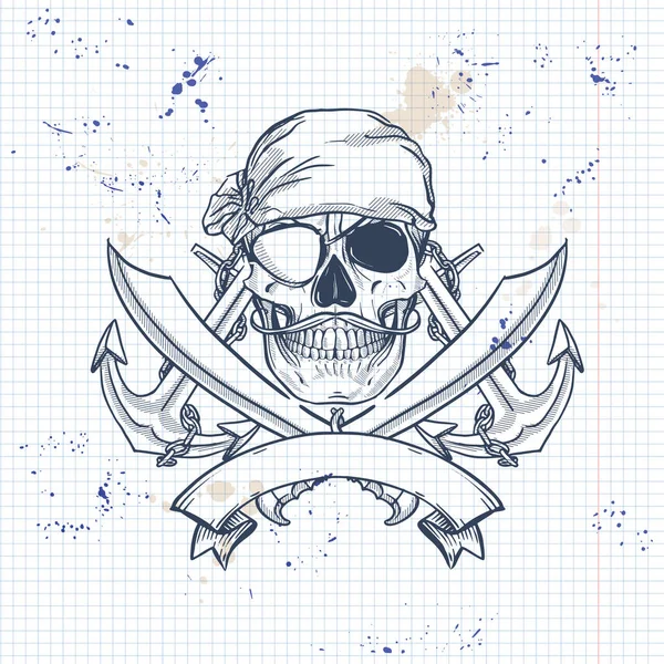 Sketch cráneo pirata con espada — Vector de stock