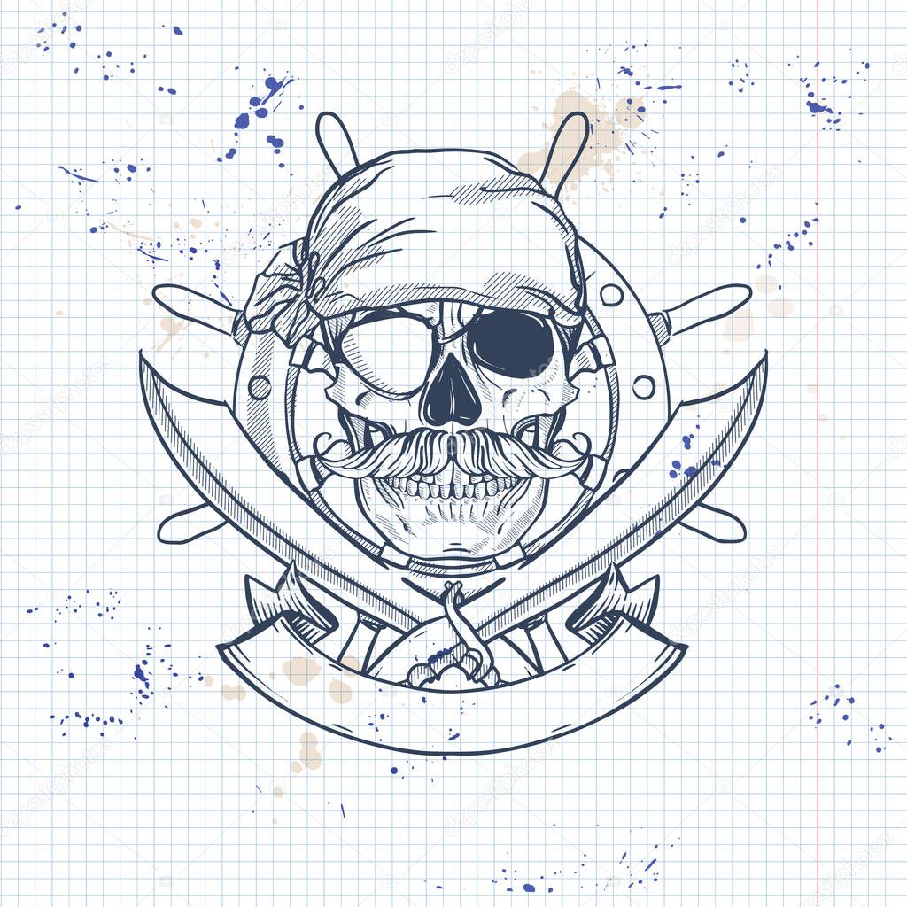 Sketch pirate skull with sword