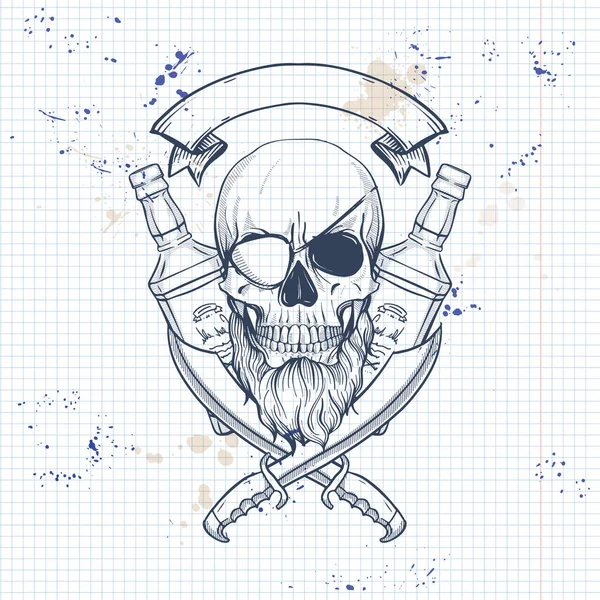 Sketch cráneo pirata con espada — Vector de stock