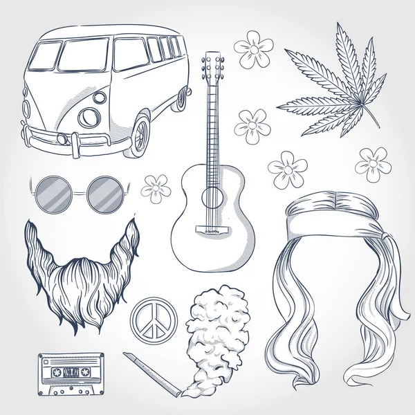 Atributos hippies desenhados à mão — Vetor de Stock
