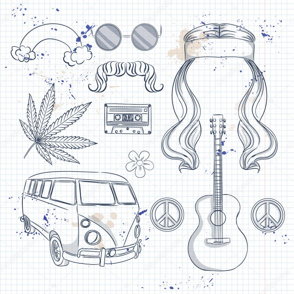 Hand drawn sketch, skull with hippie attributes on a notebook page