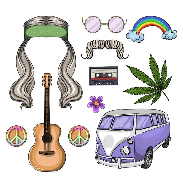 Atributos hippies desenhados à mão — Vetor de Stock