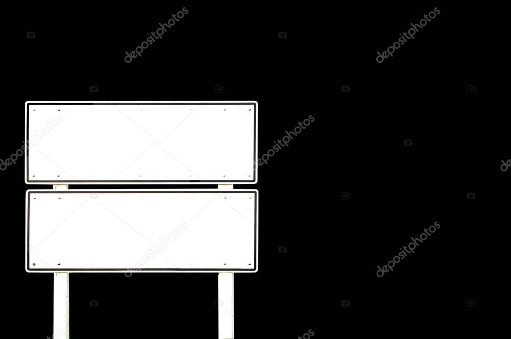 Isolated blank white double road sign pole on black background, Clipping path