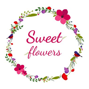 Çiçek vektör çerçeve büyük kuş ve renkli çiçeklerle başlığı. Metniniz için yer ile düğün davetiyesi, tebrik kartı ve dekoratif öğeler için vektör çizim.