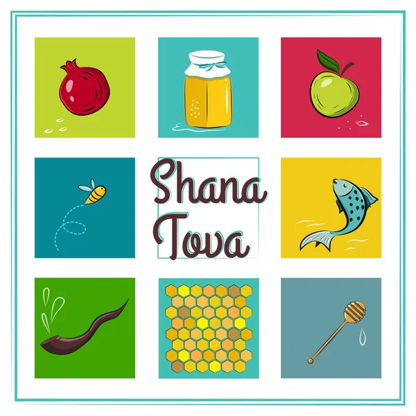 Cartão Tova Shana. Ícones de Rosh Hashaná Ano Novo Judaico —  Vetores de Stock