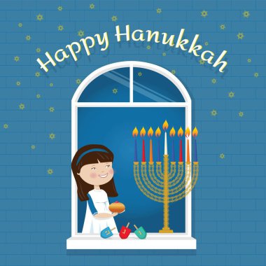 Geleneksel Chanukah sembolleri - çörek, yedi Kollu Şamdan mumlar, yağı kavanoz, parlayan ışıklar, iplik üst, İbranice harfler, paralar, sevinçler ile Yahudi Bayramı Hanuka tebrik kartı kız star David