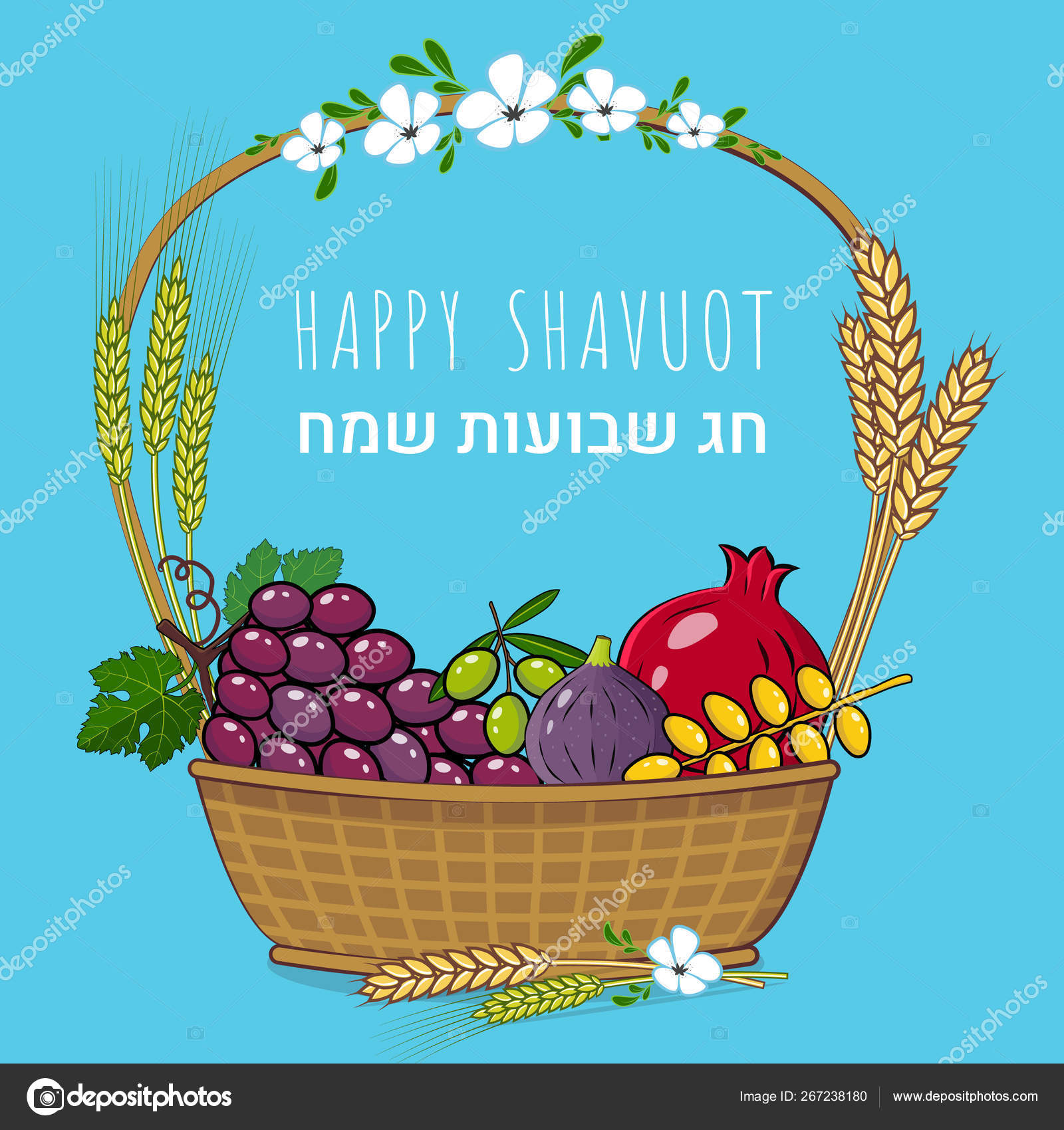 Shavuot Jewish holiday concept with fruit basket Vector illustration