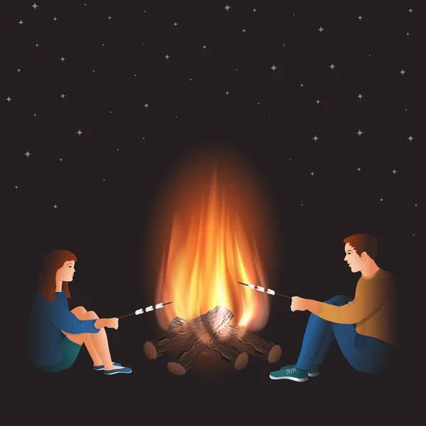 Bonfire a fiú és lány főzés Marshmallow — Stock Vector
