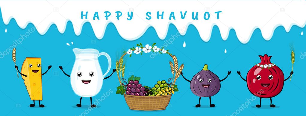 Shavuot banner with milk, cheese and traditional fruits basket funny cartoon characters. Vector illustration