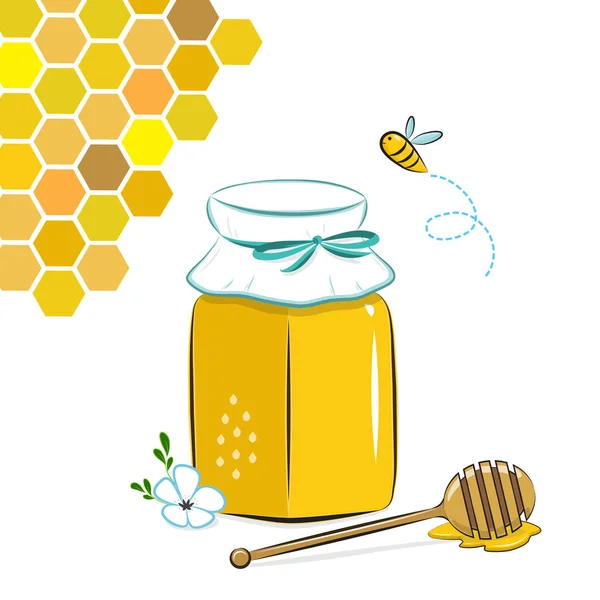 Frasco de mel, favo de mel e abelha. Mel em jarra com mel dipper . — Vetor de Stock