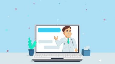 Ekran animasyonunda steteskobu olan doktor karakter, çevrimiçi tanı sohbeti konsepti, tıbbi danışma sitesi ve uygulama. Not defteri, tıbbi simgeler ayarlanmış arkaplan görüntüsü
