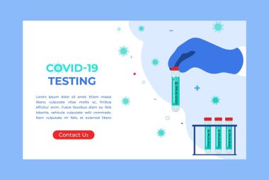 COVID-19 testi. Tükürük numuneli tüpler. Coronavirus testi. Laboratuvar araştırması ve teşhisi. Medicine Landing web sitesi ya da afiş şablonu. Düz biçimli vektör kavramı.