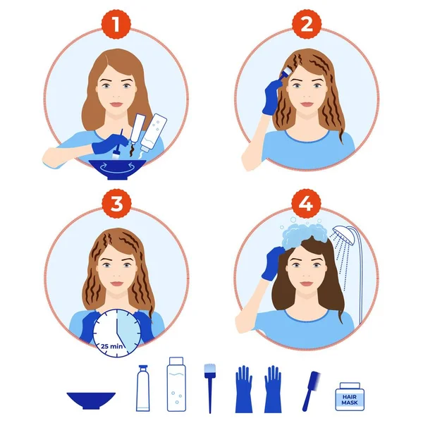 Conjunto de ícones de tintura de cabelo. Como tingir o cabelo em casa tutorial . —  Vetores de Stock