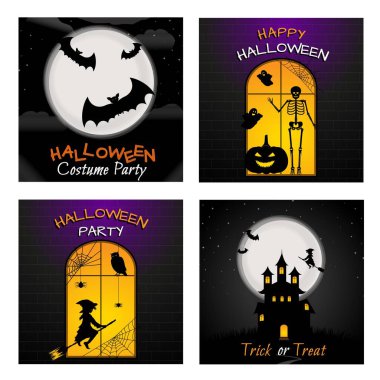 Mutlu Cadılar Bayramı tebrik kartları ya da sosyal medya şablonları için afişler. Perili Ev Vektörü illüstrasyonundaki pencereler. Cadılar Bayramı korku karakterleri Süpürge, hayalet, yarasa, balkabağı, sceleton, örümcek ağı, baykuş.