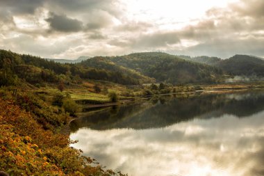 Tren ve bir dağ orman gölde