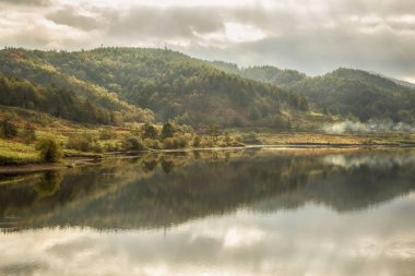 Tren ve bir dağ orman gölde