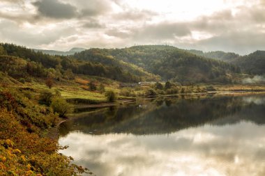Tren ve bir dağ orman gölde