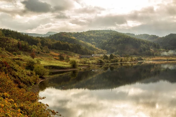 Tren ve bir dağ orman gölde