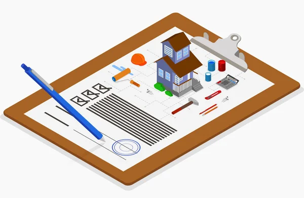 Planificación de la construcción y reparación de la casa. Ilustración isométrica . — Vector de stock