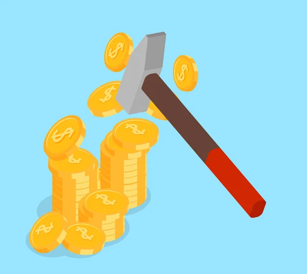 Martillo rompe monedas de oro. Ilustración isométrica . — Vector de stock