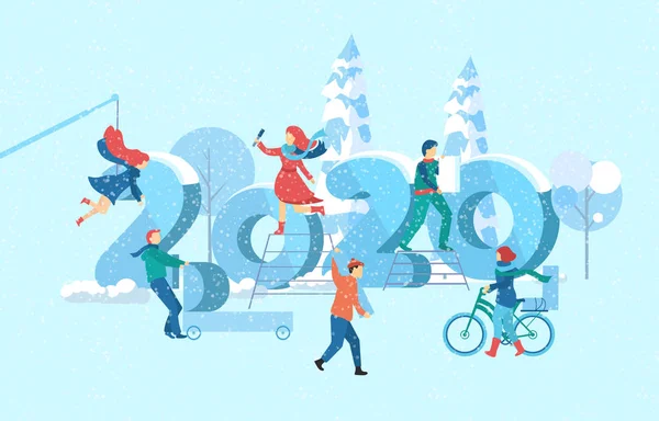 Tarjeta Año Nuevo 2020 con cifras, personas y paisaje invernal . — Vector de stock