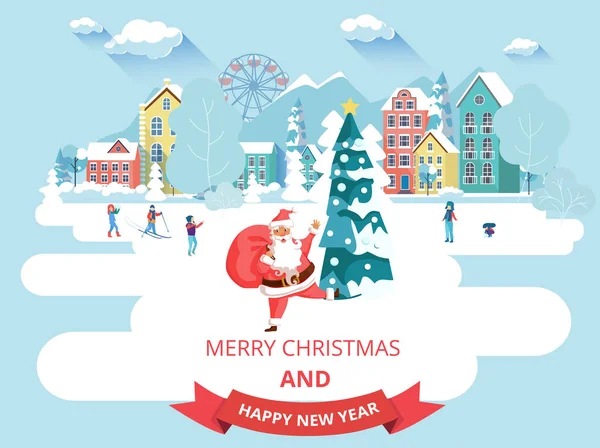 Christmas and New Year card with Santa Claus and winter cityscap — Stock Vector