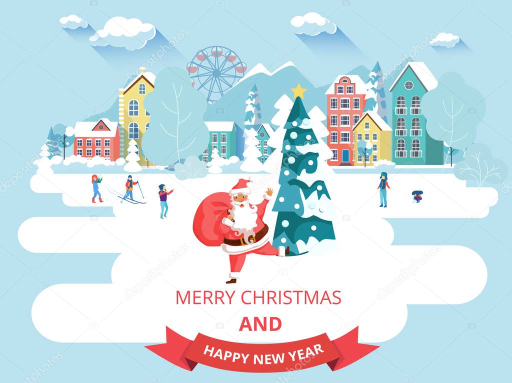 Christmas and New Year card with Santa Claus and winter cityscap