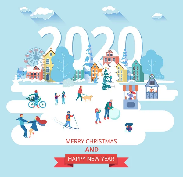 冬都市の景観と人々 の幸せな新しい年 2020年カード. — ストックベクタ